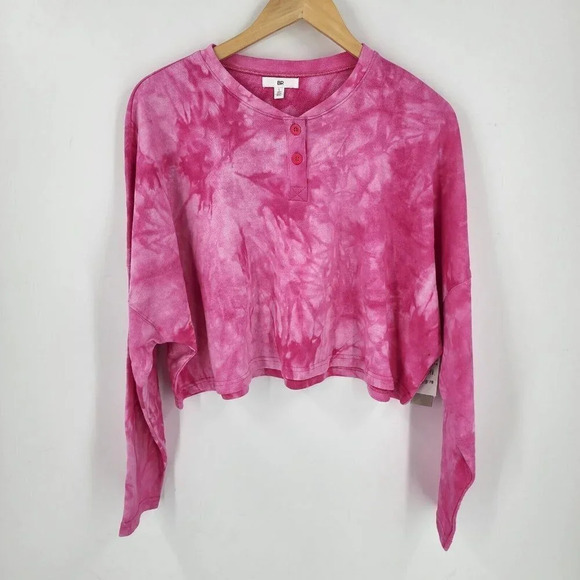 BP Nordstrom Women's‎ Henley Crop Tie Dye Sweatshirt Pink Size L NWT - Picture 2 of 11